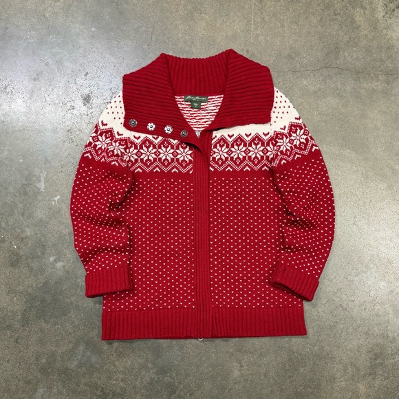Eddie Bauer Lambswool Zip Cardigan Sweater Red Fair Isle Heart Knit - Picture 9 of 9